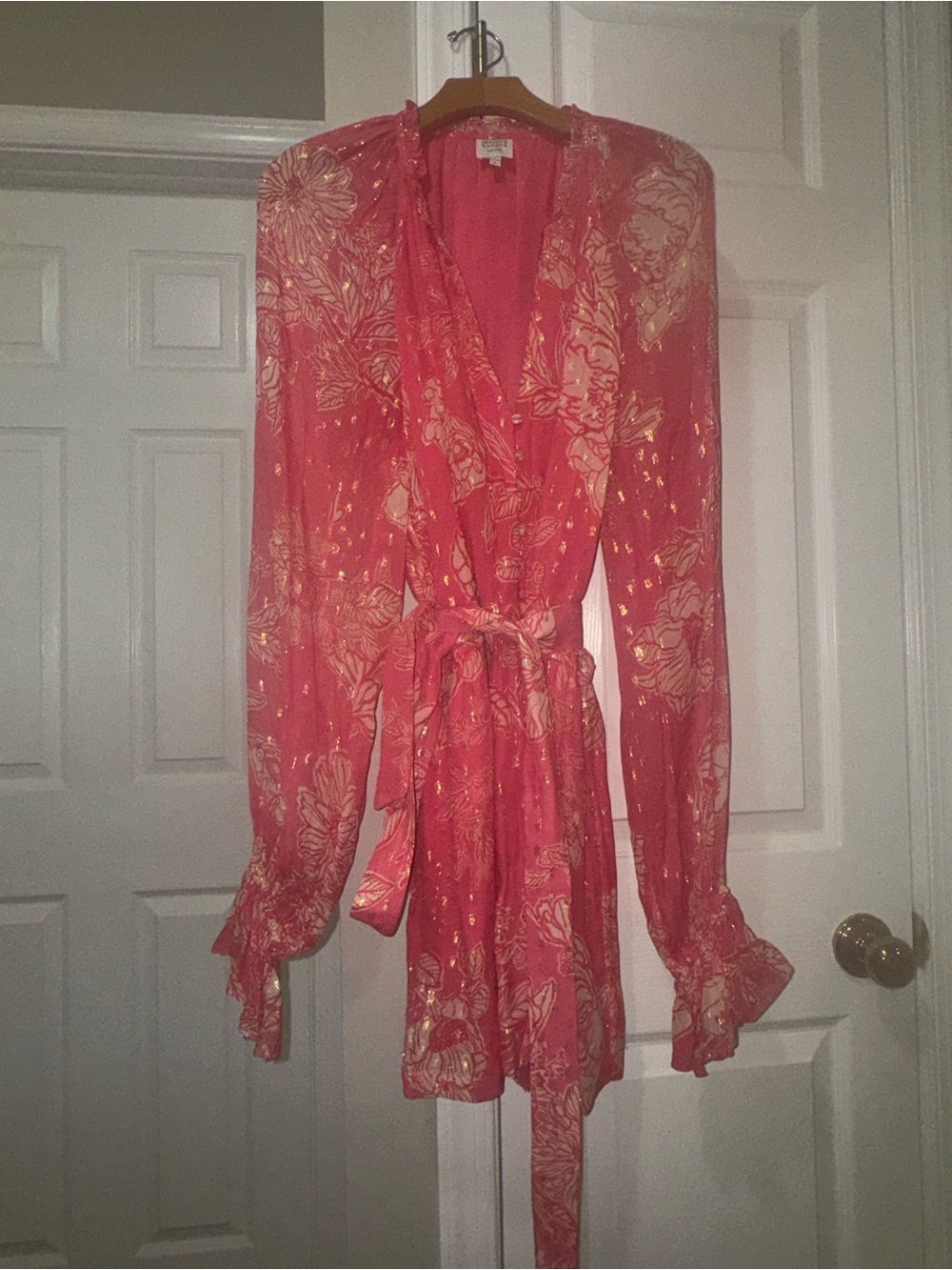 Hemant and Nandita Pink Floral Gold Lurex Long Sleeve Romper Boho Mini Dress L - Picture 5 of 10